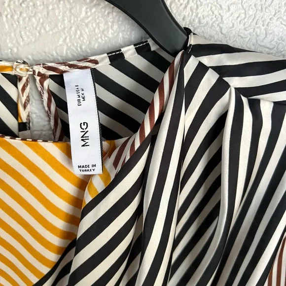 MNG Mango Brown Yellow Black White Stripes Padded shoulder Casual Blouse Tops 6 - Picture 4 of 8